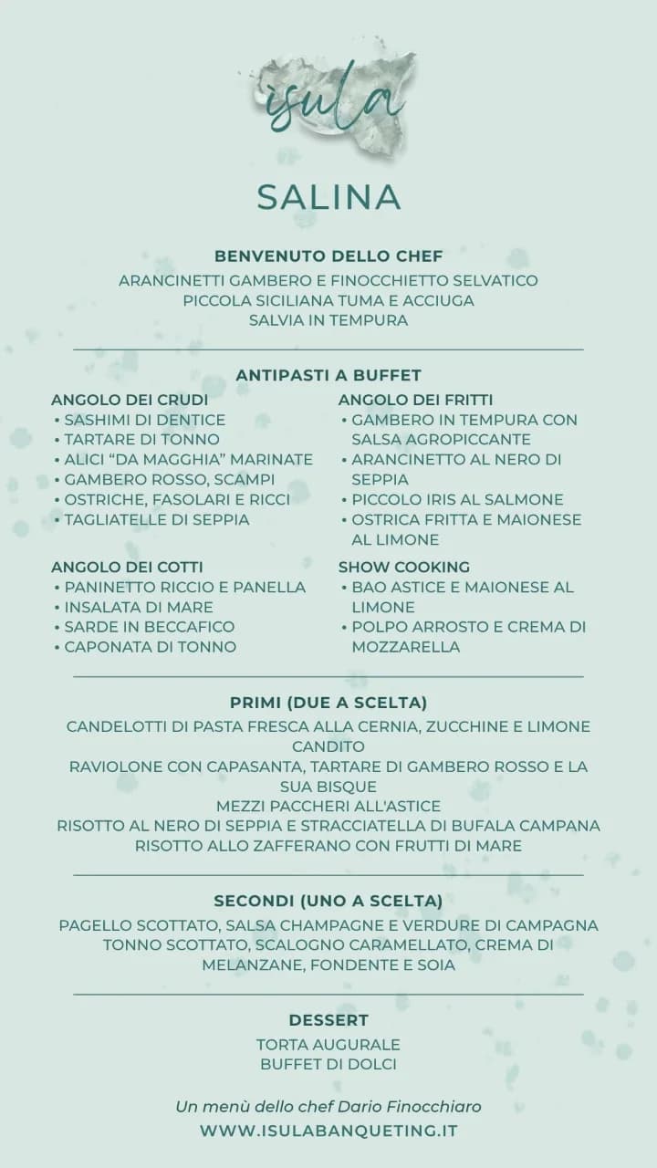 Il cartoncino del menù Salina: benvenuto, antipasti a buffet in quattro angoli, primi e secondi a scelta, dessert
