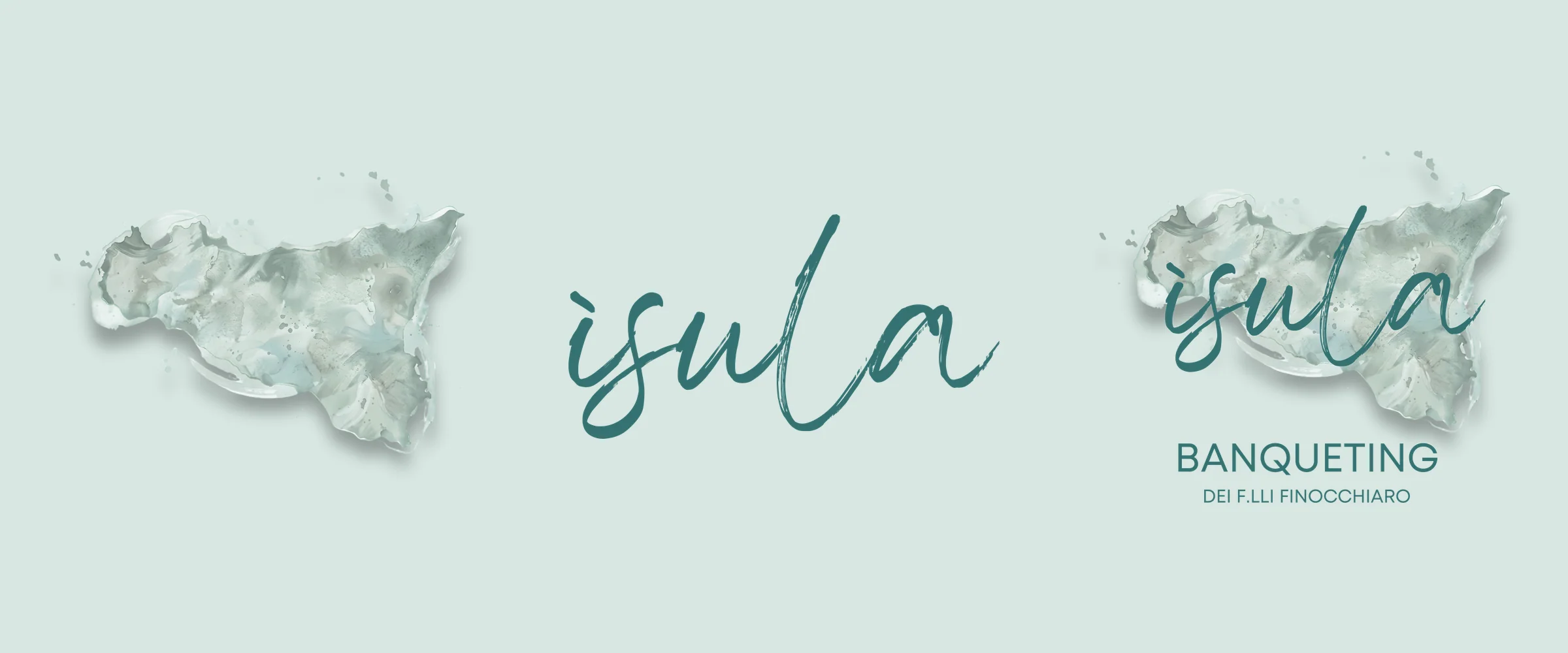 Il logo di Ìsula in tre passi, sul verde acqua dei menù: la Sicilia ad acquerello, la scritta «ìsula» a mano e il logo completo con «Banqueting dei F.lli Finocchiaro»