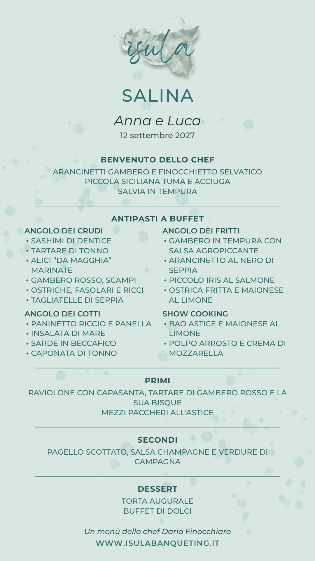 Il cartoncino salvato: il logo, Salina, «Anna e Luca», la data e le portate con i due primi e il secondo scelti