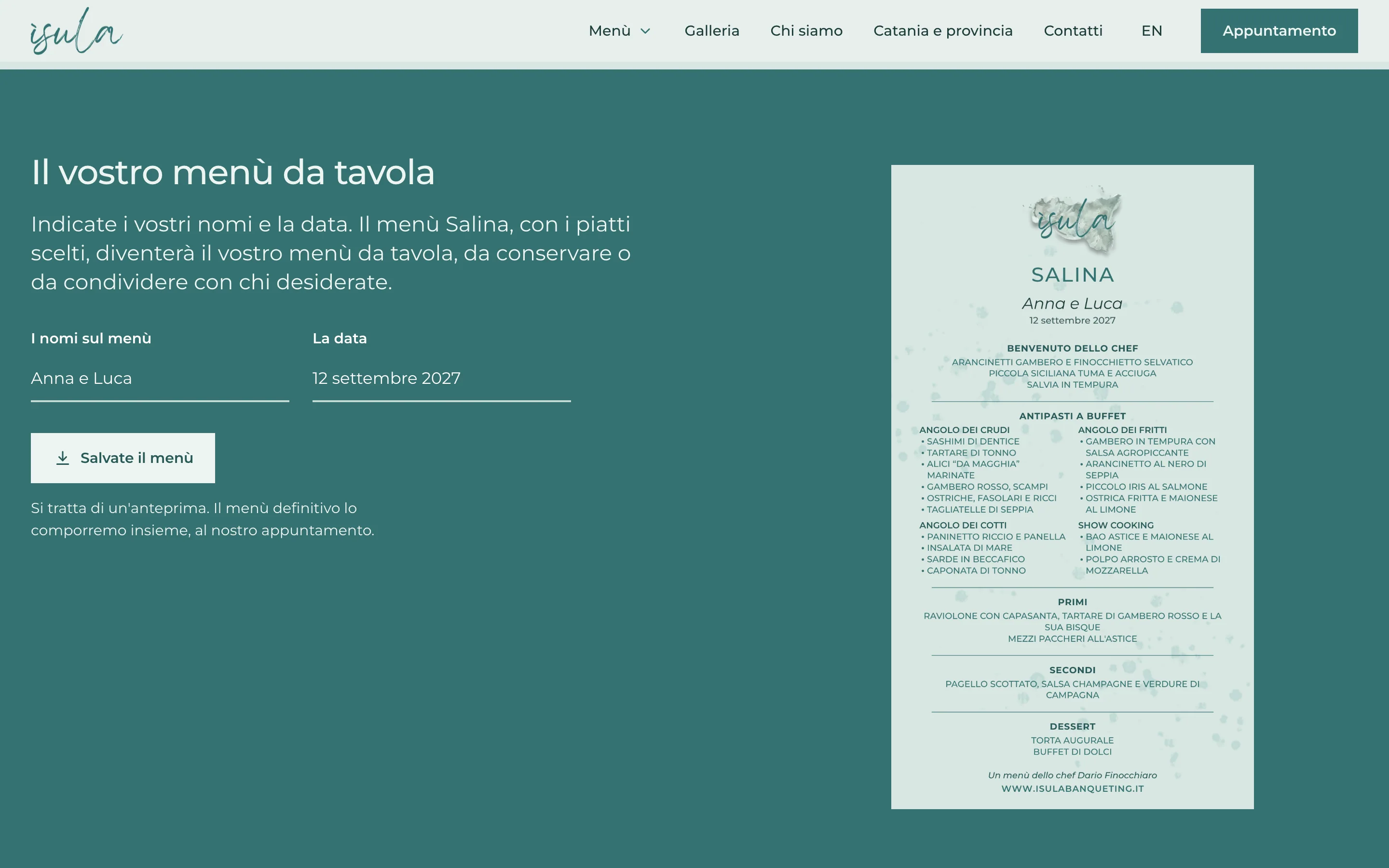 La sezione «Il vostro menù da tavola»: i campi con i nomi «Anna e Luca» e la data «12 settembre 2027», il pulsante «Salvate il menù» e accanto il cartoncino di Salina con i nomi e i piatti scelti