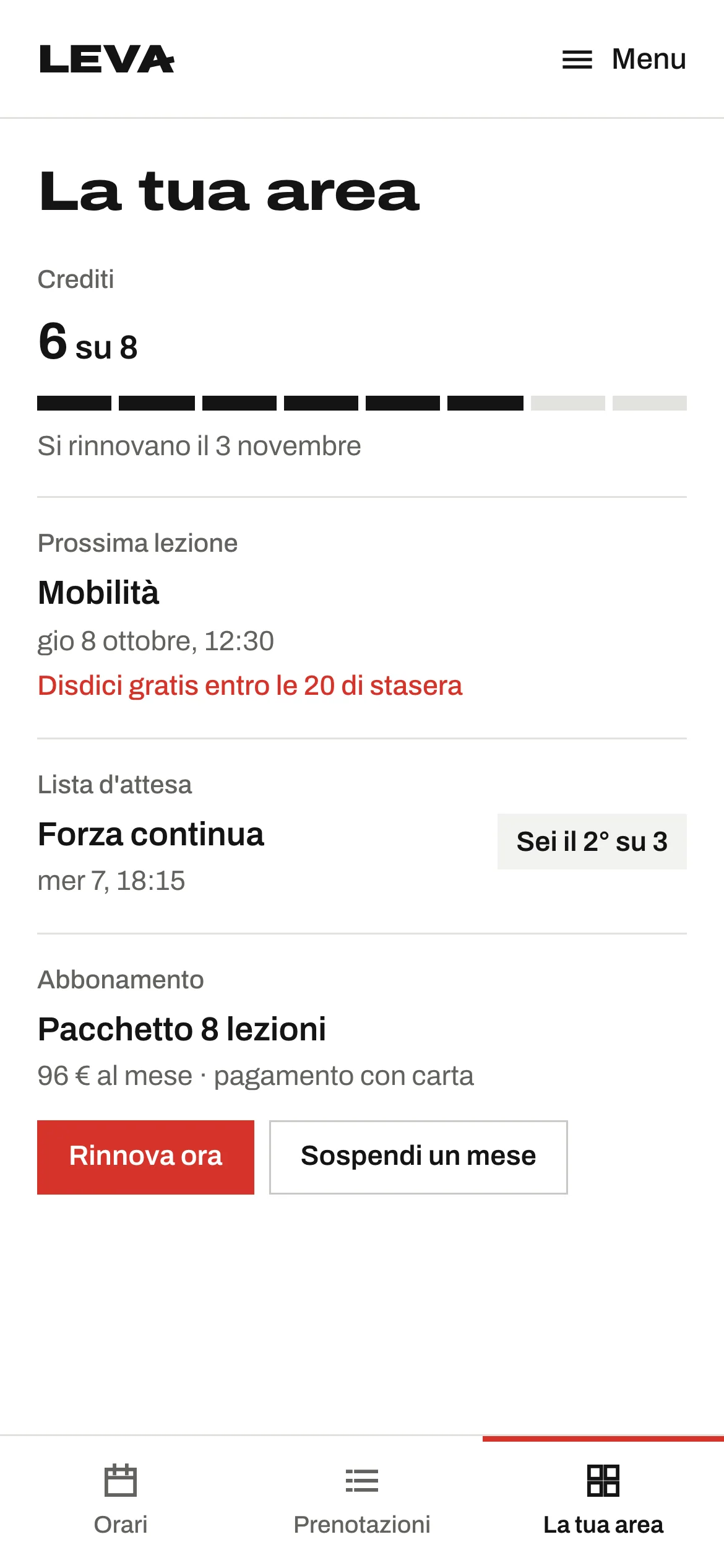 Area iscritti: 6 crediti su 8, prossima lezione, secondo posto in lista d'attesa e rinnovo del 3 novembre