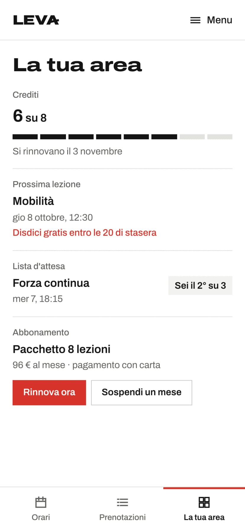 Area iscritti: 6 crediti su 8, prossima lezione, secondo posto in lista d'attesa e rinnovo del 3 novembre