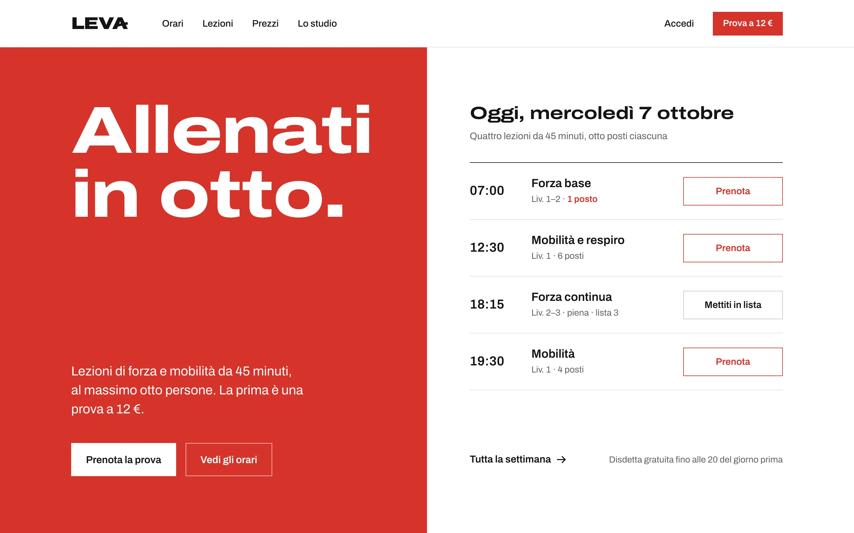 Home di Leva: a sinistra il titolo «Allenati in otto.» su rosso, a destra le lezioni di oggi con i posti liberi