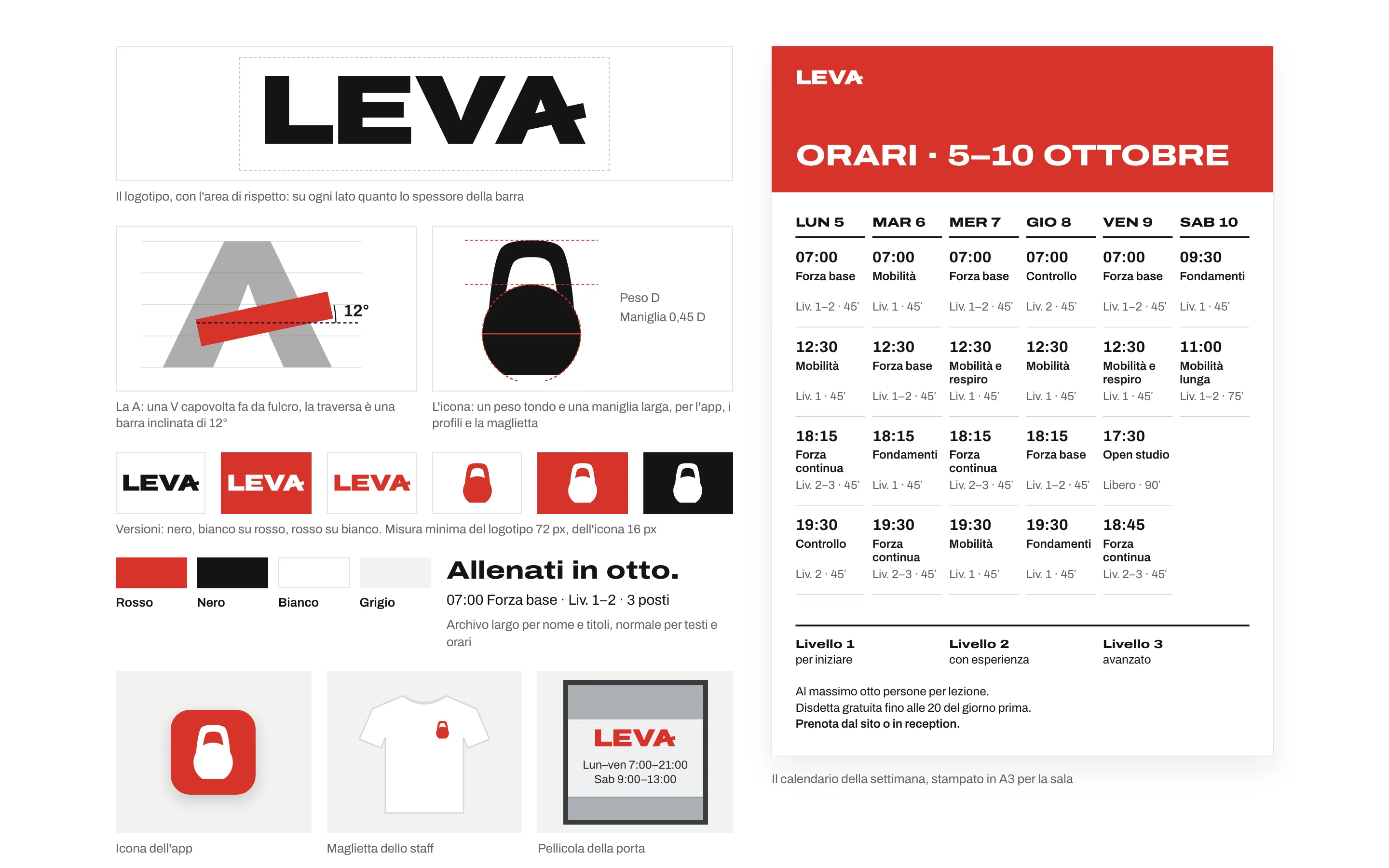 Logotipo Leva nero su bianco e bianco su rosso, l'icona con il kettlebell, i colori e le applicazioni: icona dell'app, maglietta, porta e calendario A3