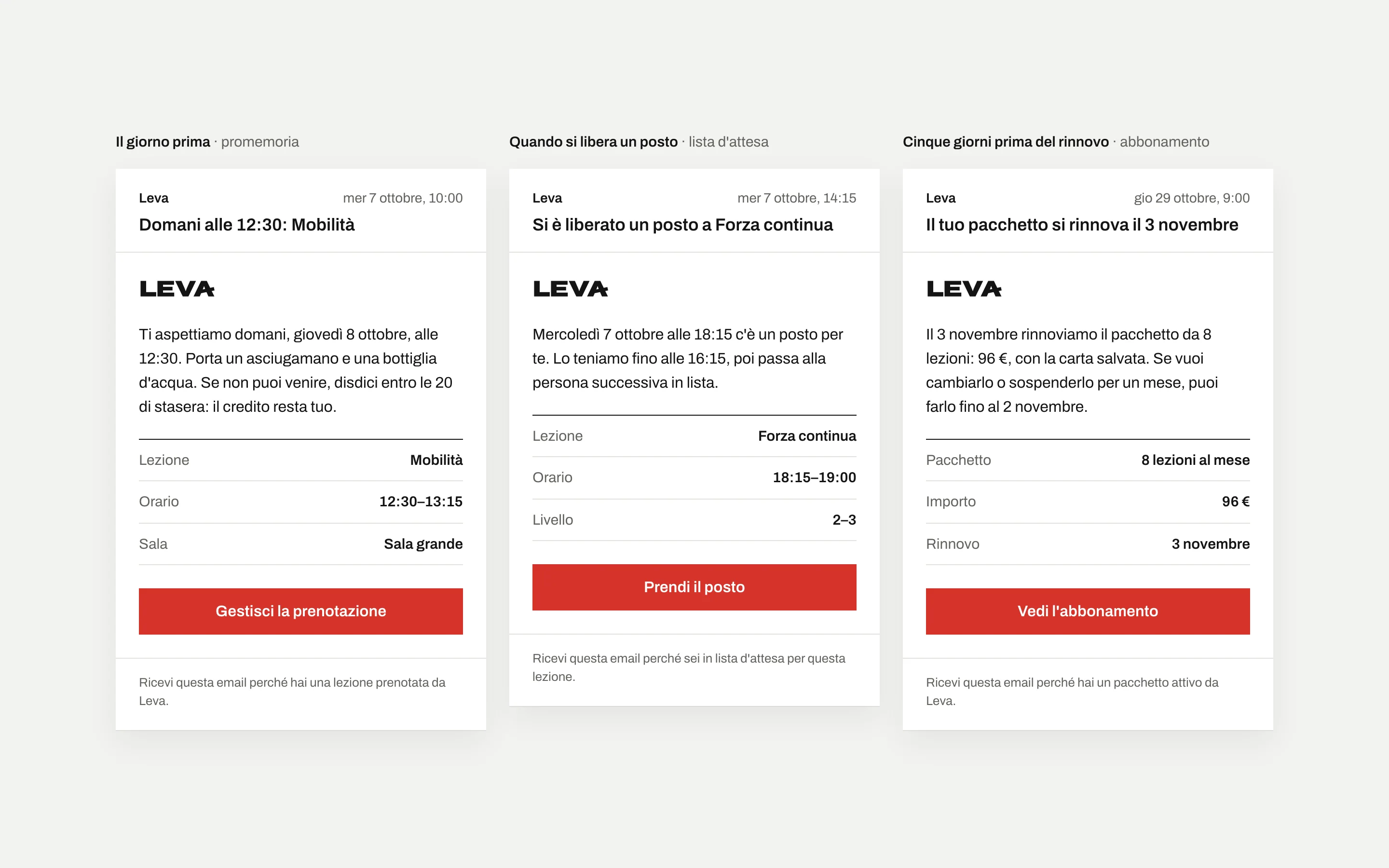 Tre email: promemoria della lezione, posto libero in lista d'attesa, rinnovo del pacchetto