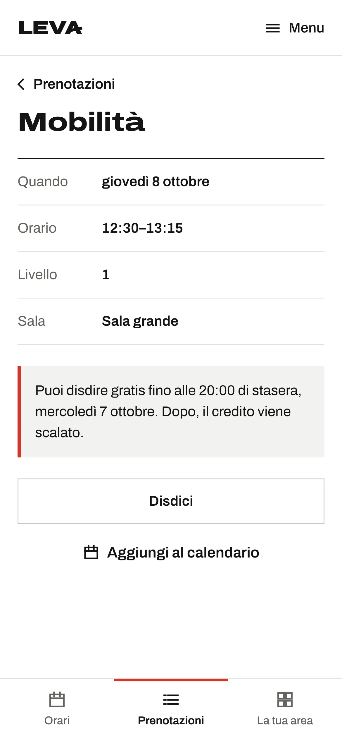 Dettaglio della prenotazione con il limite per disdire gratis