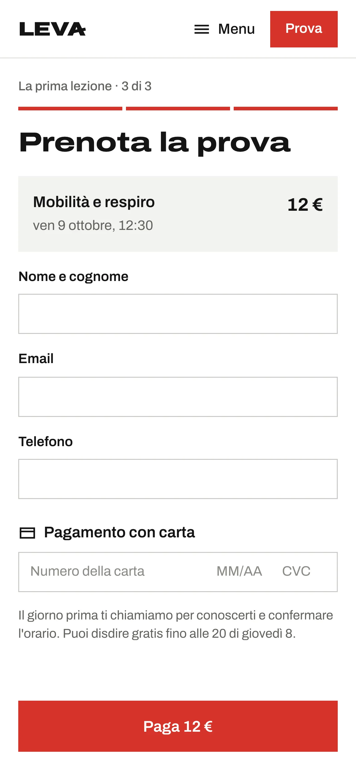Pagamento della prova con riepilogo e nota sulla telefonata del giorno prima