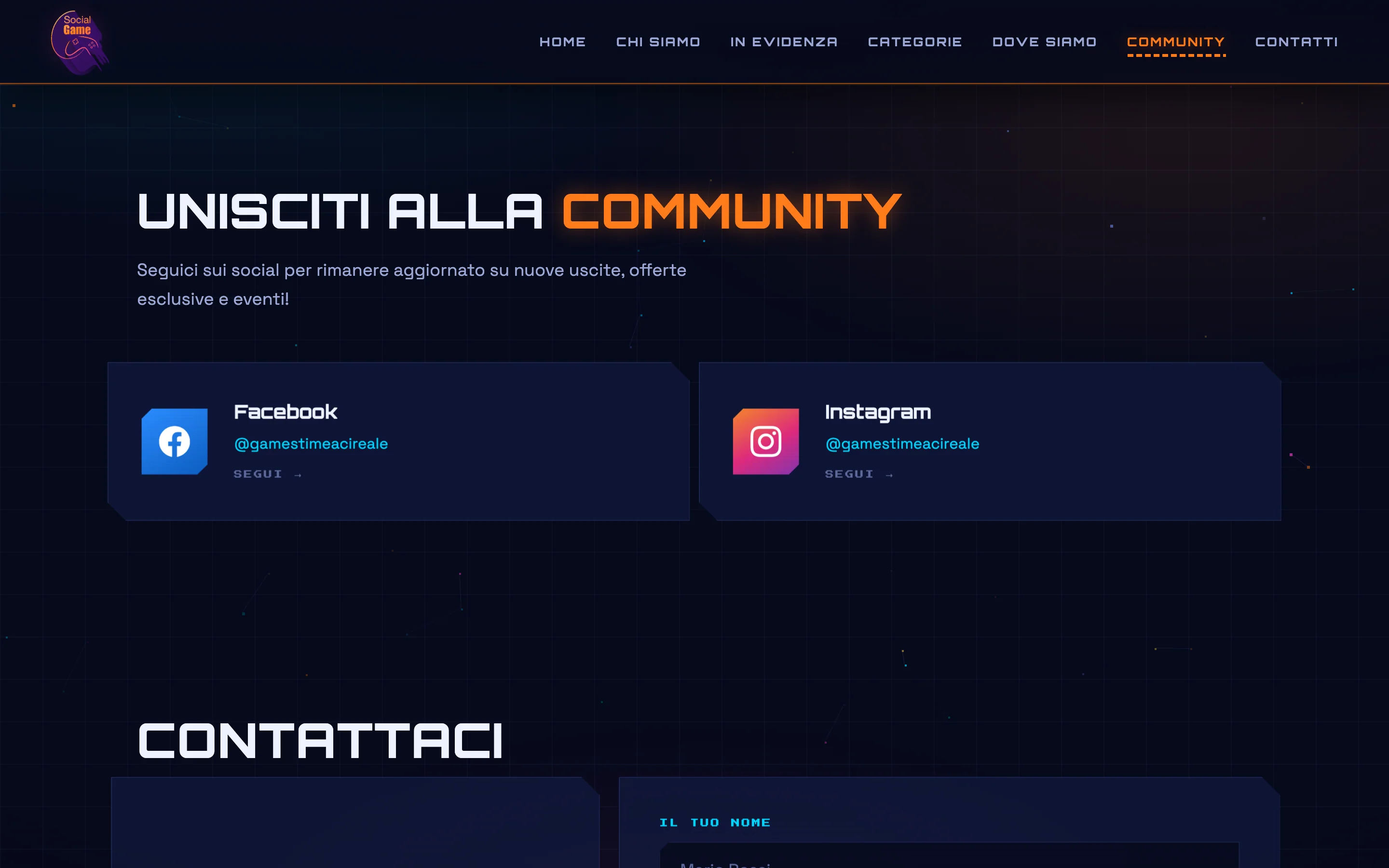 Sezione «Unisciti alla community» con le schede di Facebook e Instagram in stile neon