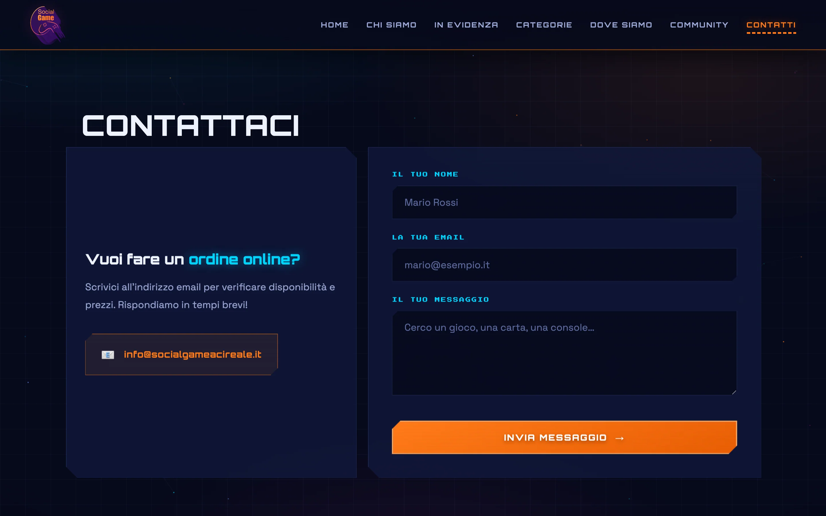 Sezione «Contattaci»: l'invito agli ordini online e il modulo con nome, email e messaggio