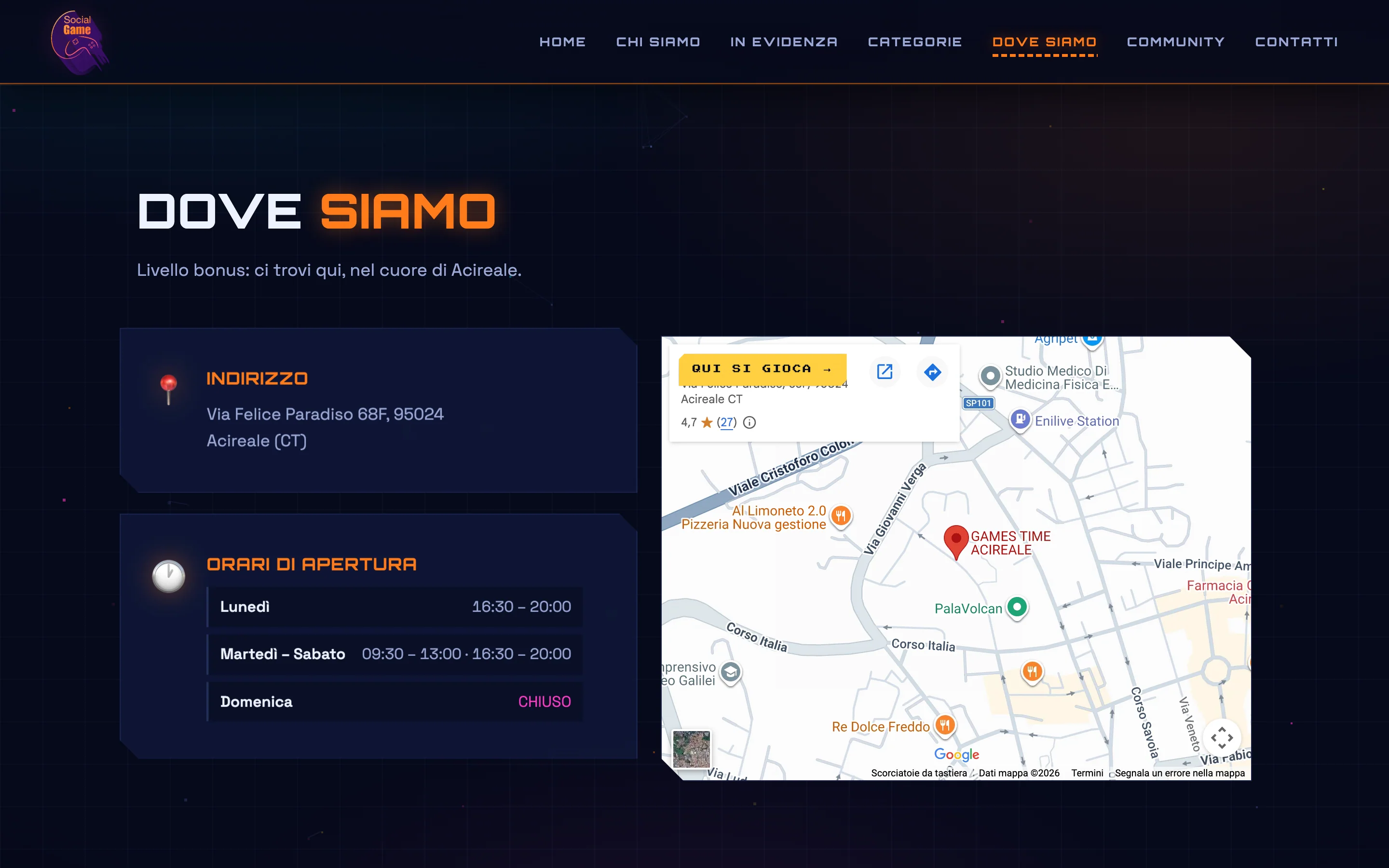 Sezione «Dove siamo»: indirizzo, orari della settimana con la pausa di pranzo e la mappa del centro di Acireale