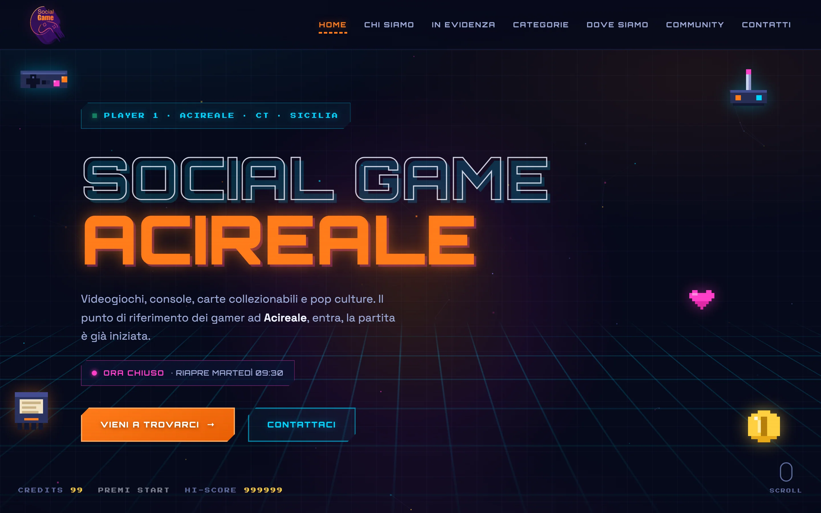 Home del sito Social Game: la scritta «Social Game Acireale» in stile sala giochi, lo stato del negozio e i pulsanti «Vieni a trovarci» e «Contattaci»