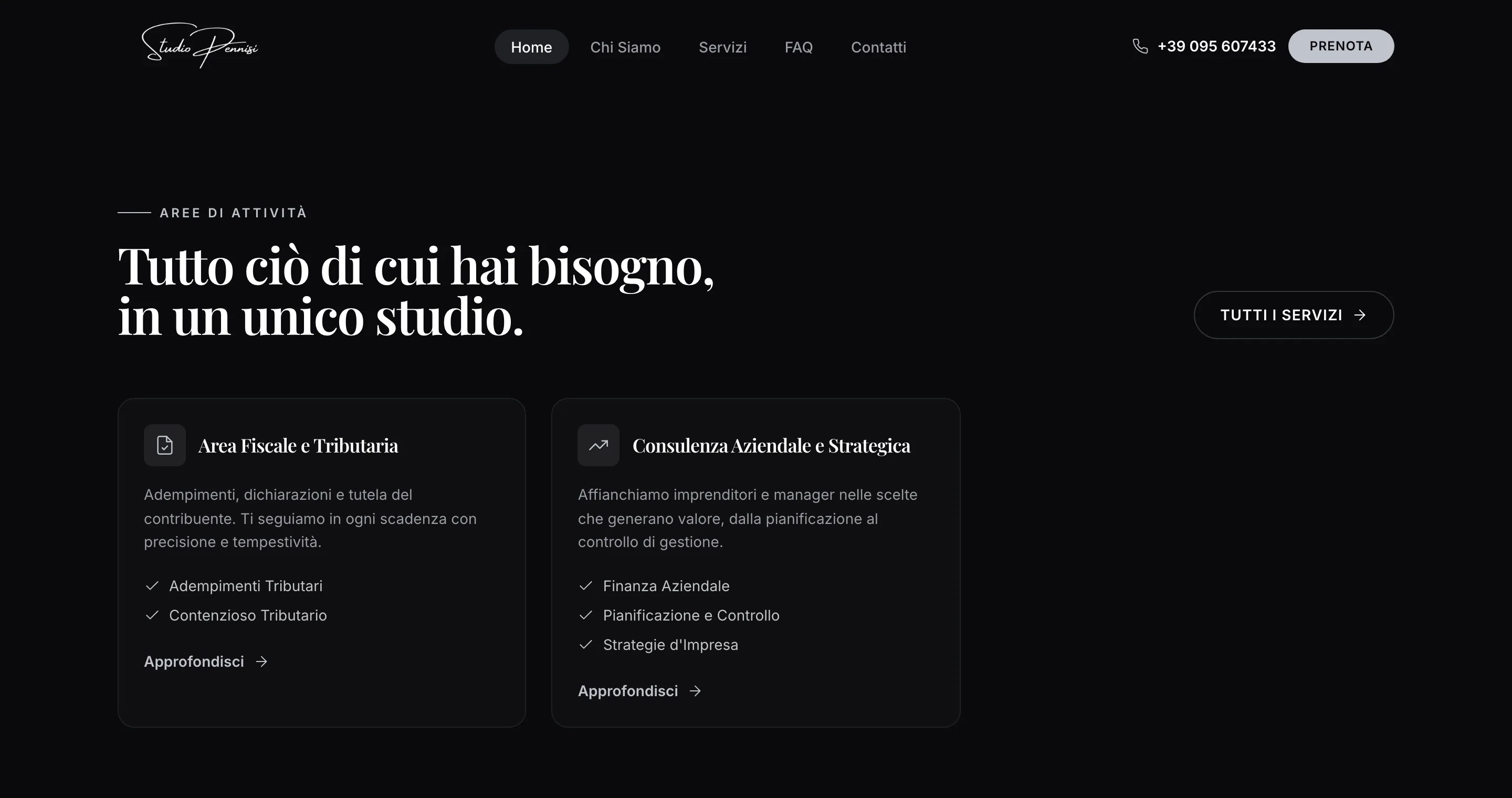 La sezione «Aree di attività»: il titolo «Tutto ciò di cui hai bisogno, in un unico studio» e le due schede, «Area Fiscale e Tributaria» e «Consulenza Aziendale e Strategica», con i loro servizi