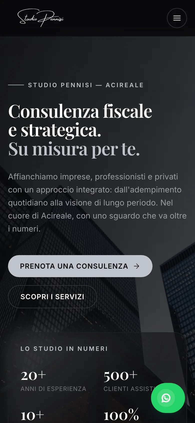 La home sul telefono: il titolo, i due pulsanti e l'inizio del riquadro «Lo studio in numeri»