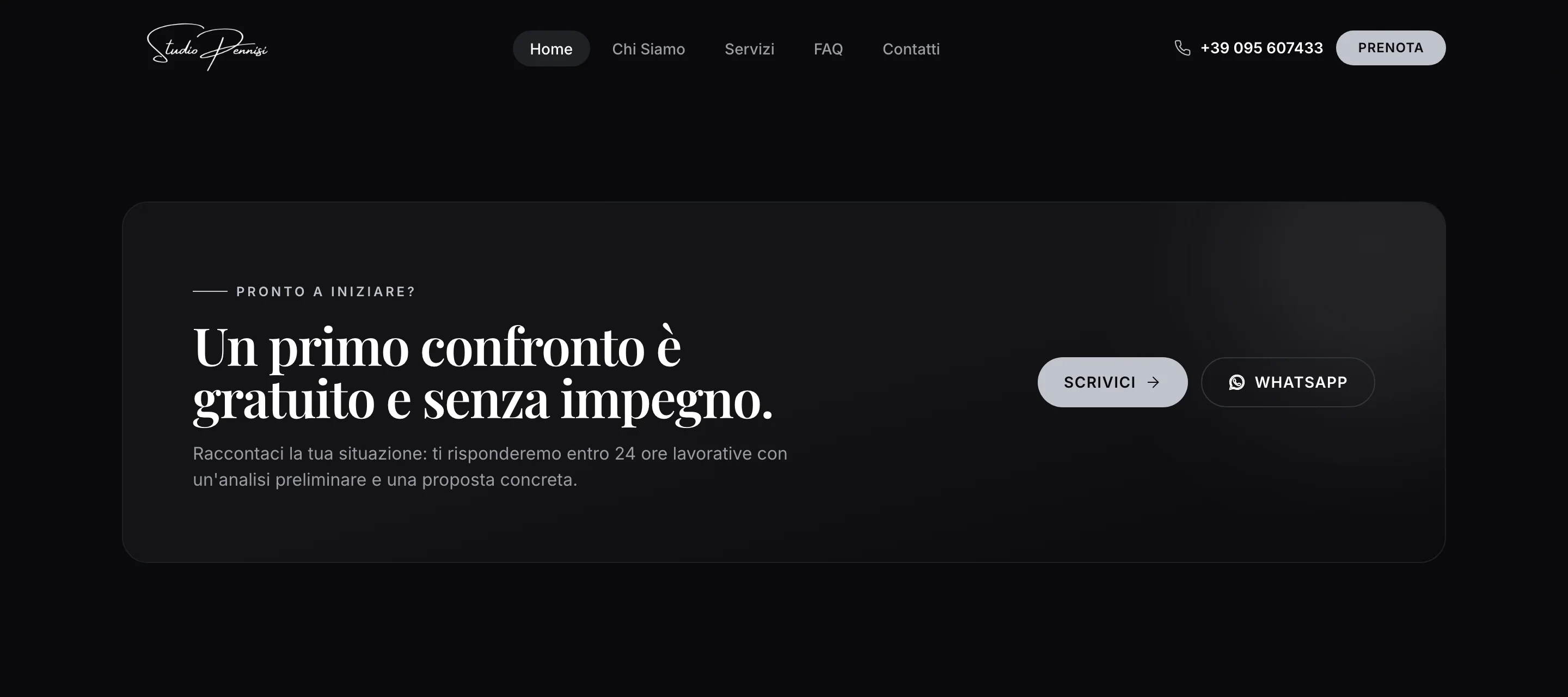 L'invito finale: «Un primo confronto è gratuito e senza impegno», con i pulsanti «Scrivici» e «WhatsApp»